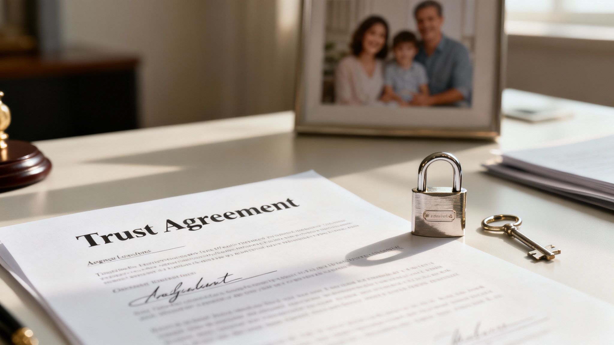 A trust agreement document, a padlock, and a key on a desk with a family photo.