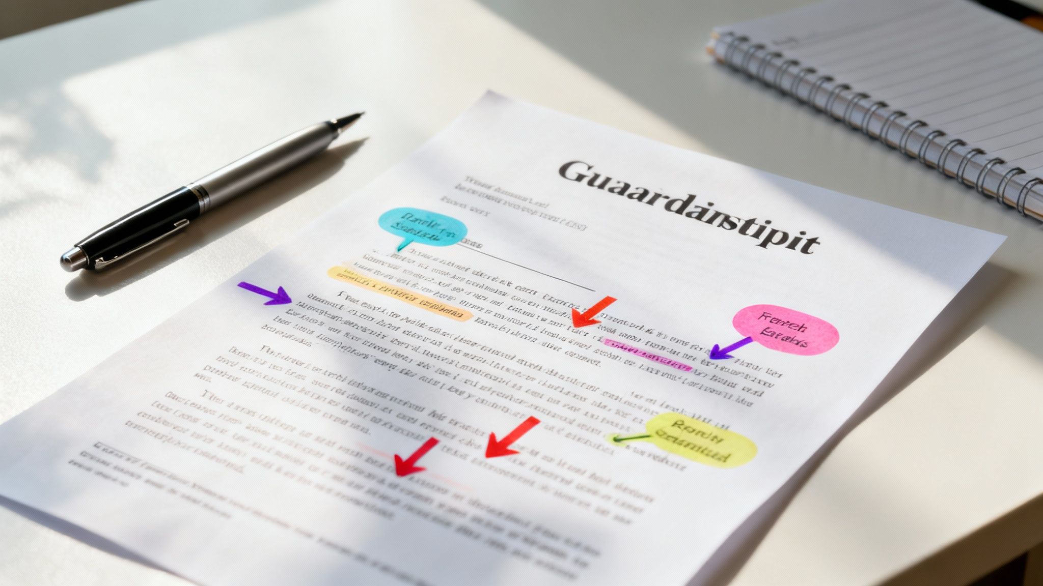 Document titled "Guardianship" with highlighted annotations and notes, accompanied by a pen, representing legal guardianship letter preparation in Texas.