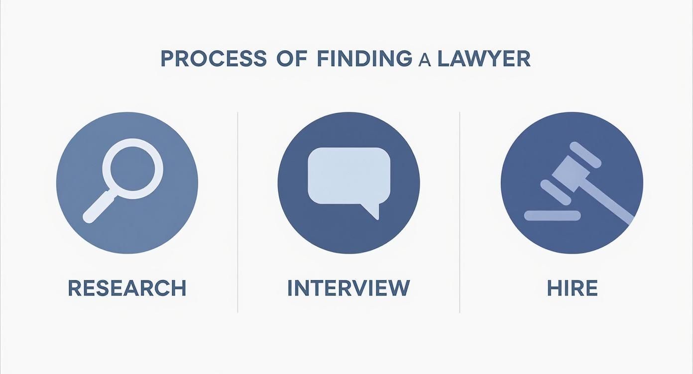 Process of finding a lawyer illustrated with icons for research, interview, and hire, highlighting essential steps in selecting a criminal defense attorney in Texas.