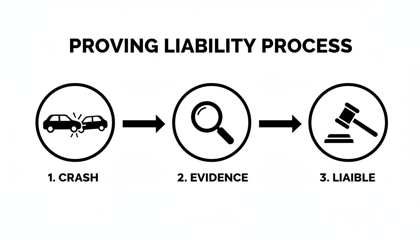 Flowchart illustrating the three-step process of proving liability: crash, evidence collection, and liable decision.