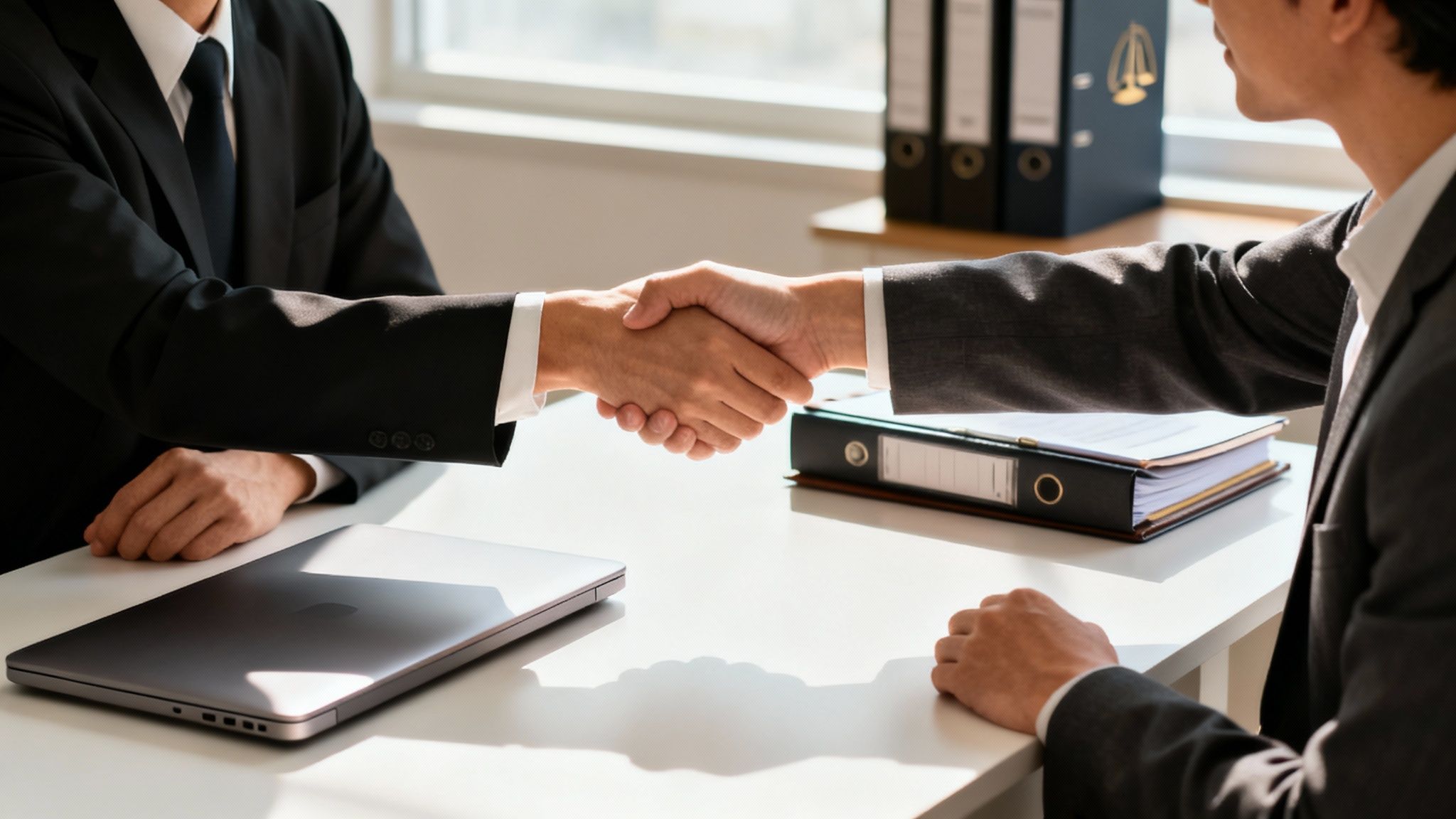 Two men in business suits shaking hands over a white desk, finalizing an agreement.