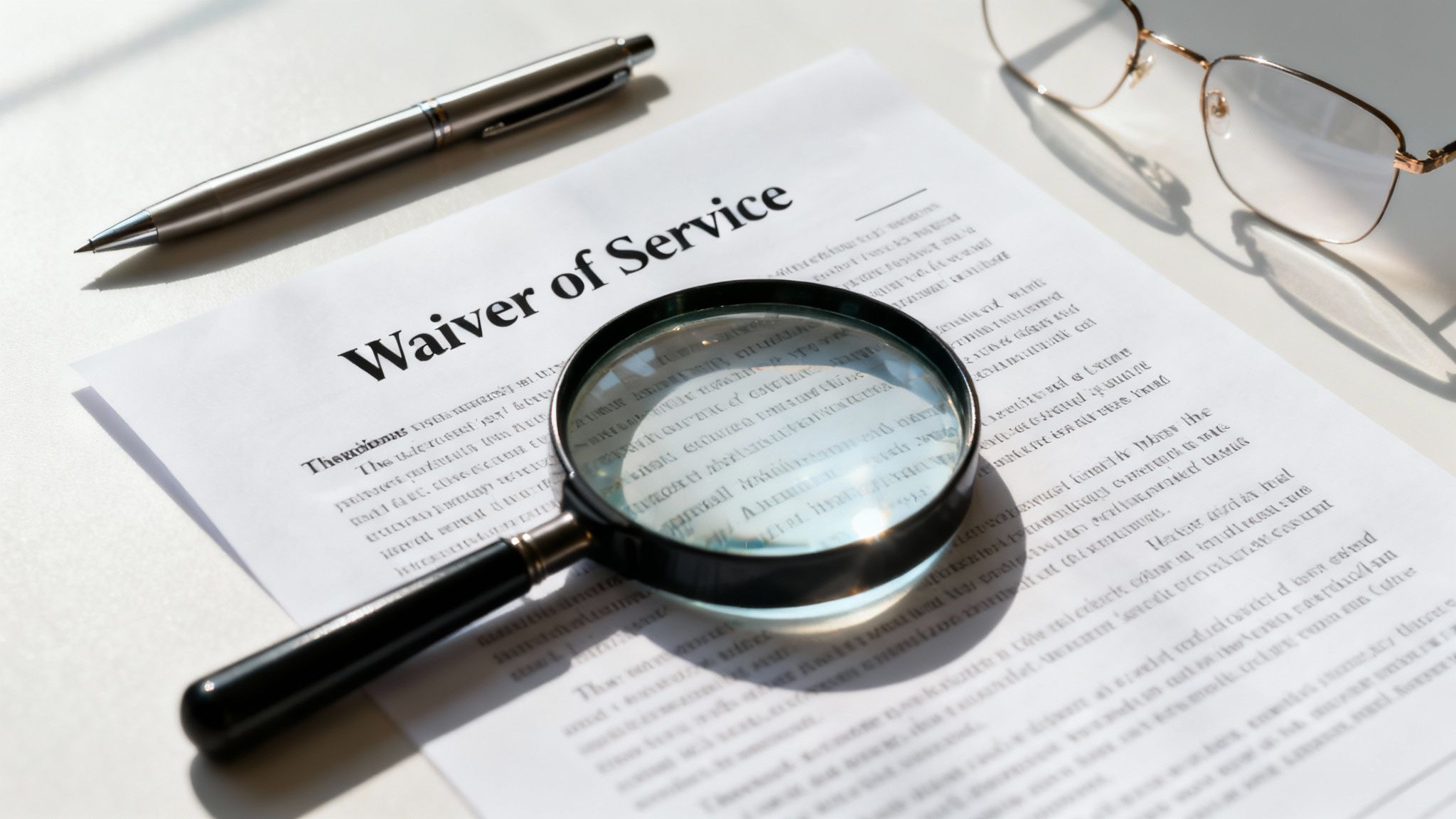 A legal document titled 'Waiver of Service' with a magnifying glass, pen, and reading glasses.