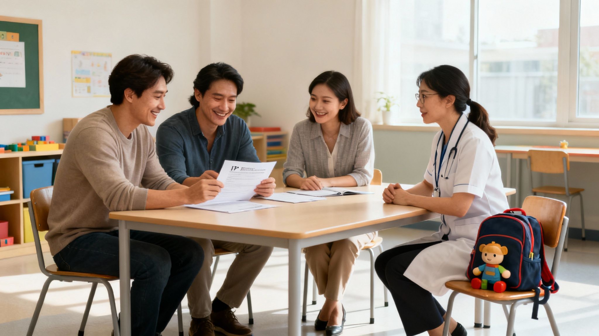 A doctor consults with two smiling men and a woman in a bright, child-friendly classroom.