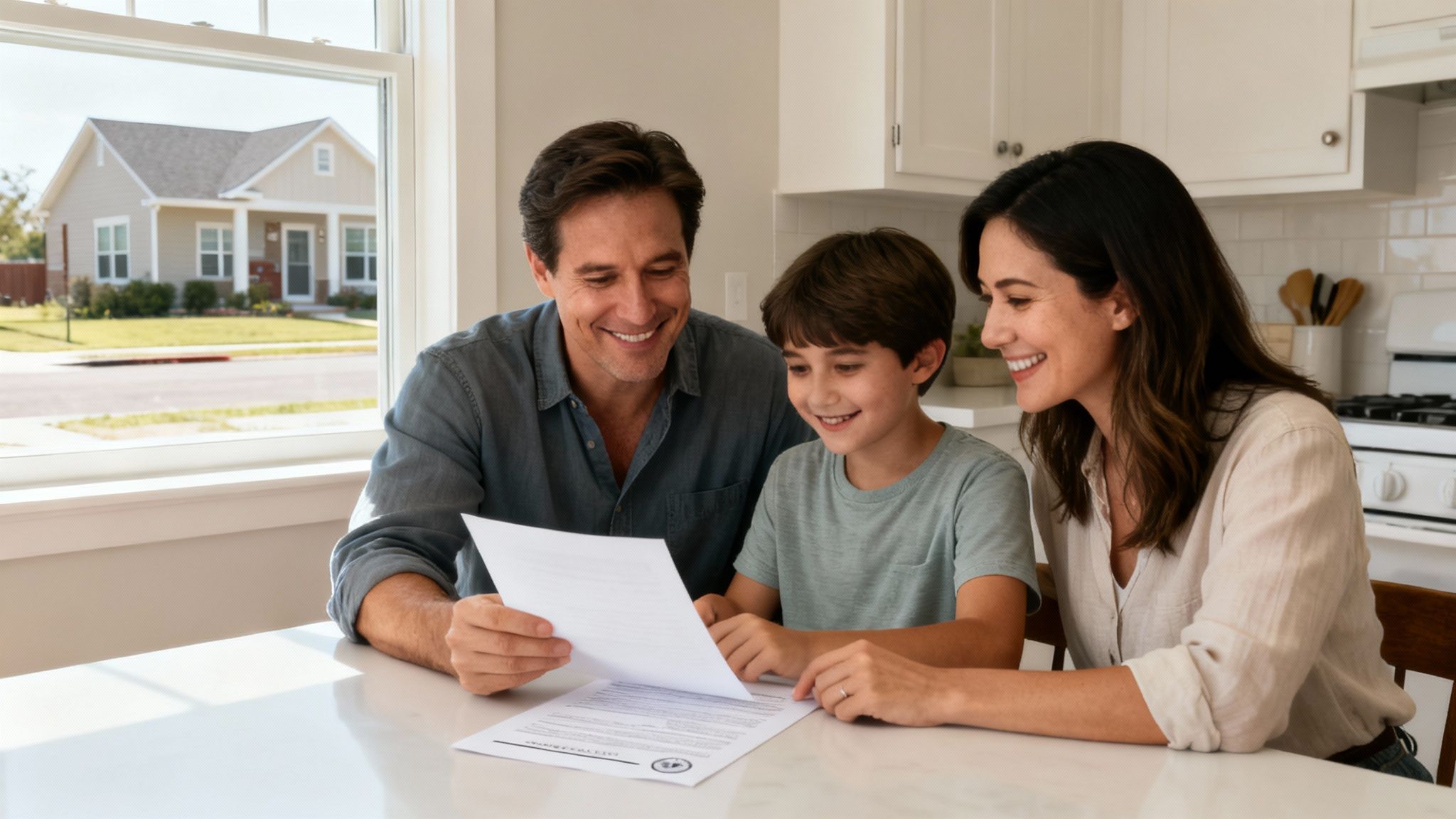 A happy family, a father, mother, and son, reviews documents together at a kitchen table.