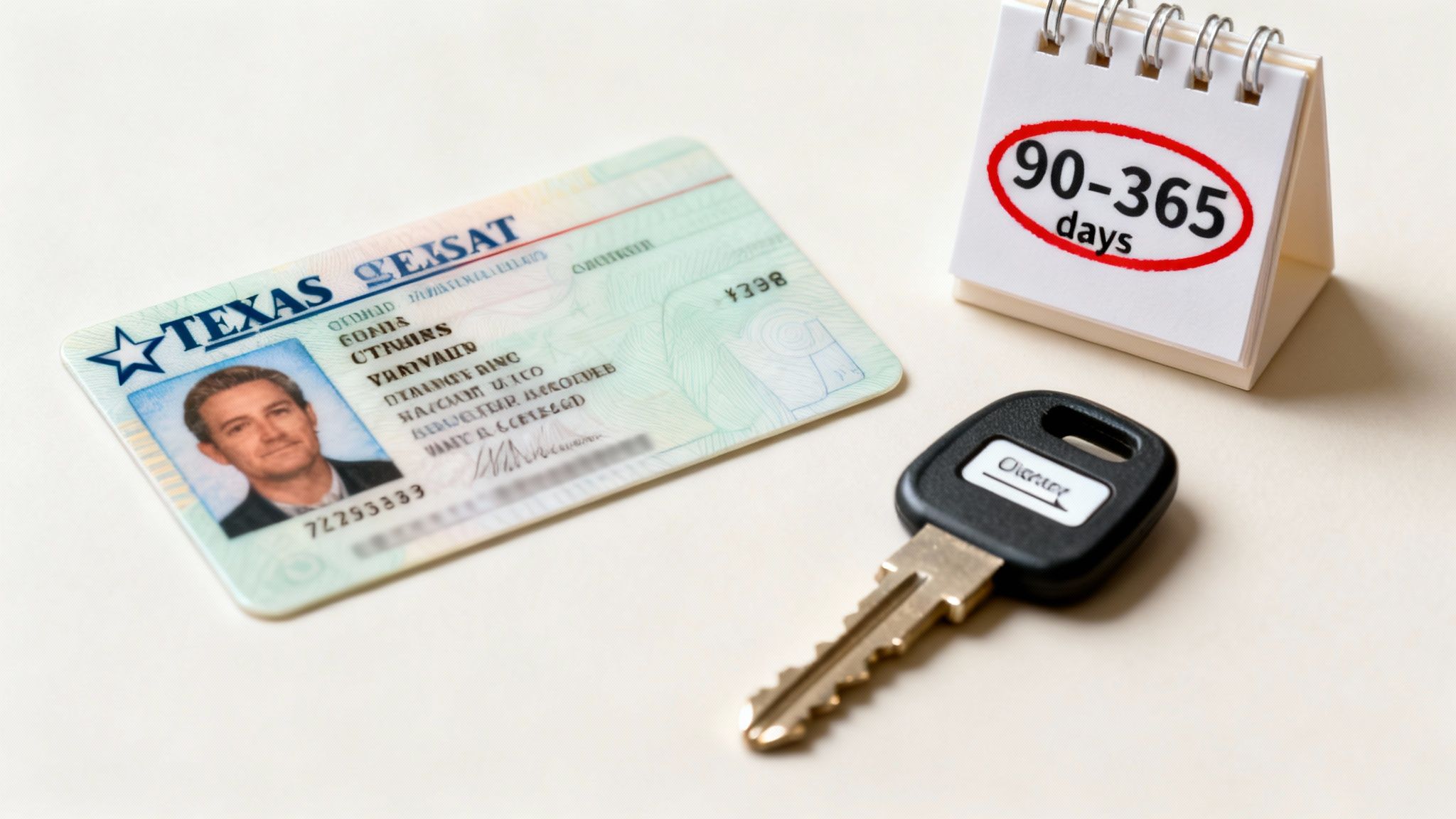 Texas driver's license, car key, and calendar showing 90-365 days, symbolizing DWI penalties and license suspension timelines in Texas.
