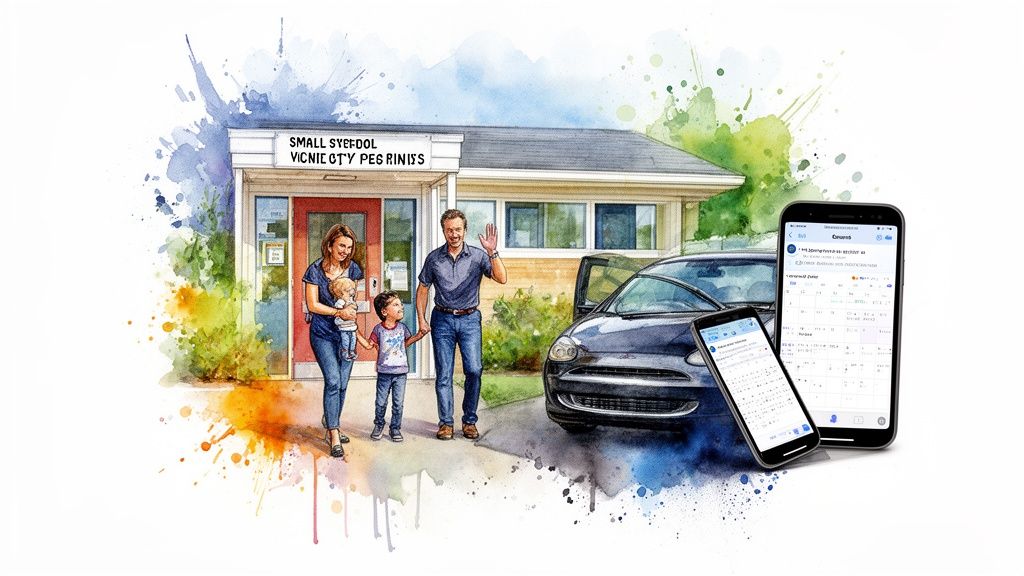 Family arriving at a parenting plan consultation, featuring a woman holding a baby, a man with a child, and two smartphones displaying schedules, outside a family-friendly office setting.