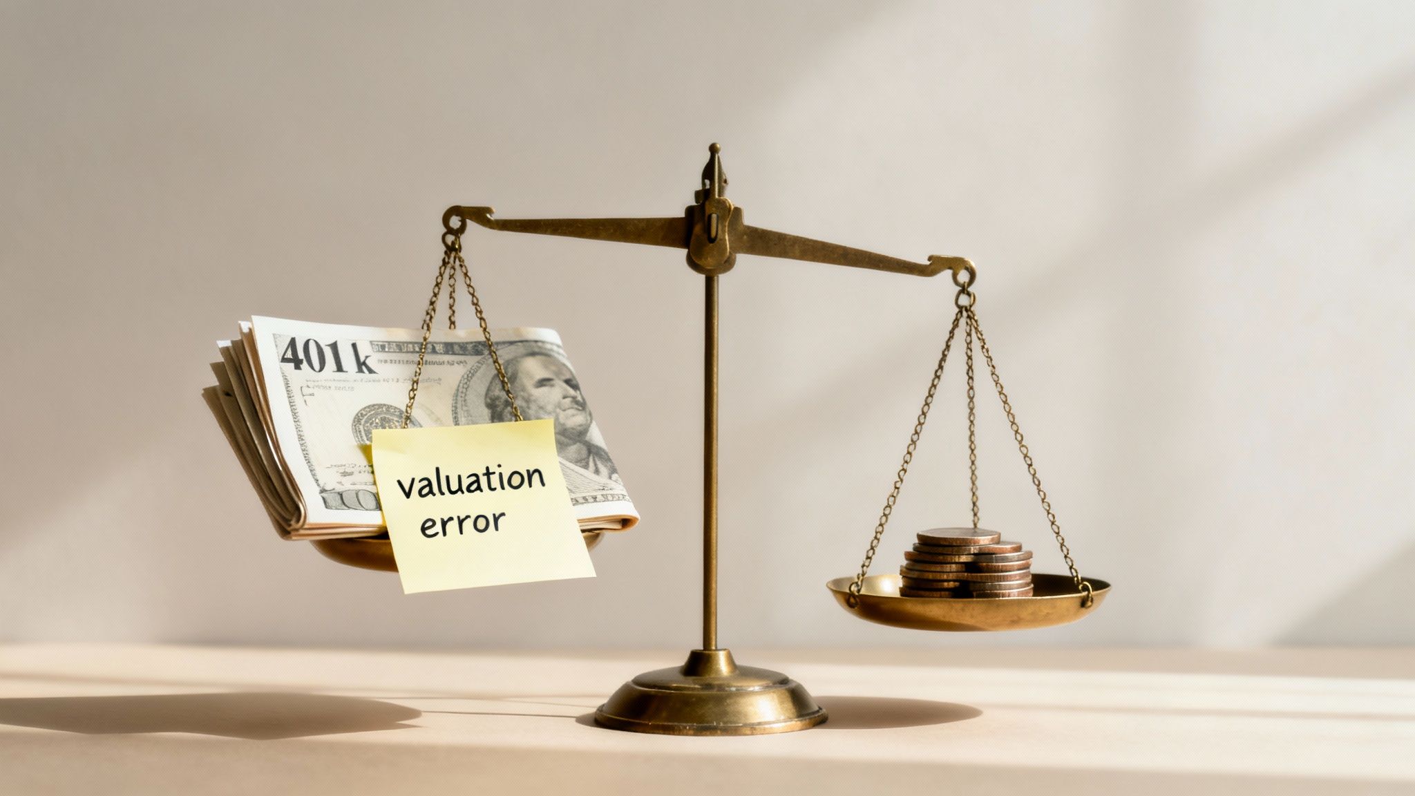 An antique balance scale shows 401K dollar bills with a 'valuation error' note heavily outweighing a small stack of coins.