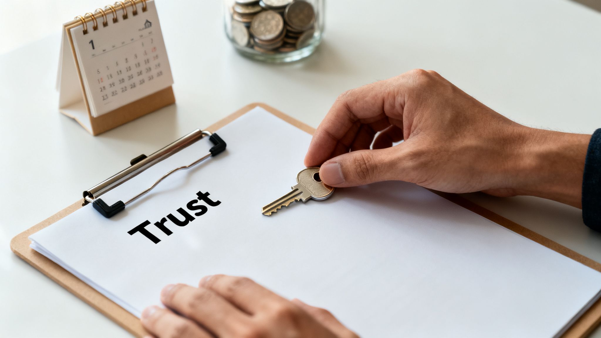 A hand places a silver key on a document with 'Trust' written, next to a calendar and coin jar.