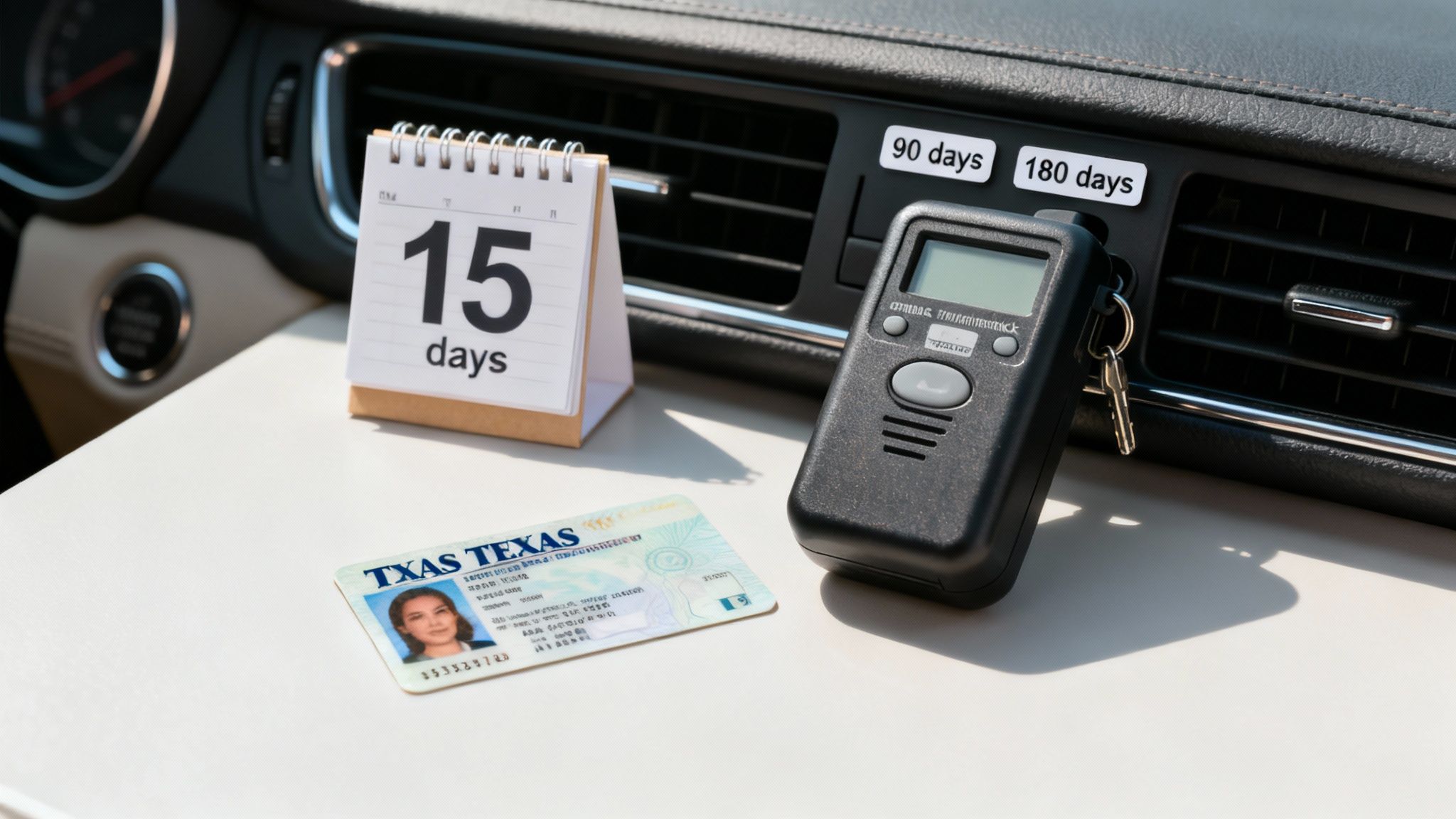 A Texas ID, '15 days' calendar, car breathalyzer, and keys inside a car.