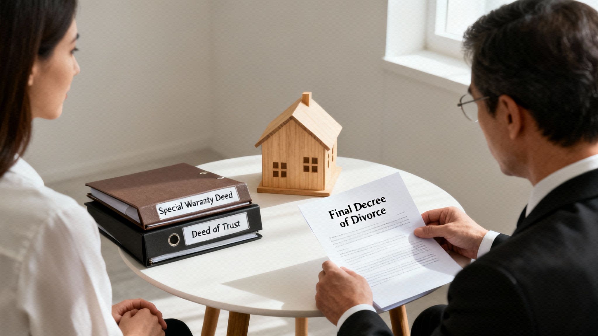 Man and woman discuss divorce and property division, holding a divorce decree with house deeds.