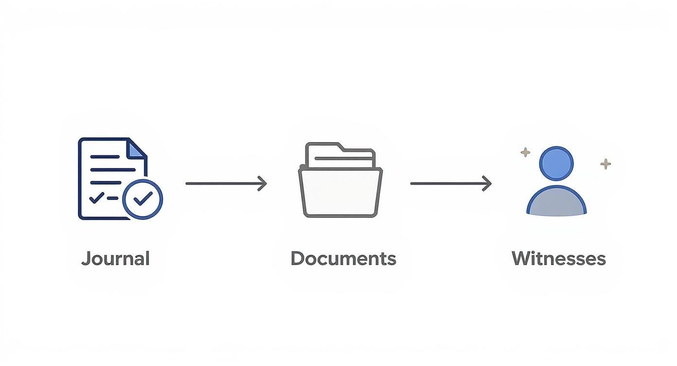 A three-step process flow shows a journal icon, an arrow, a documents folder, another arrow, and a witnesses icon.