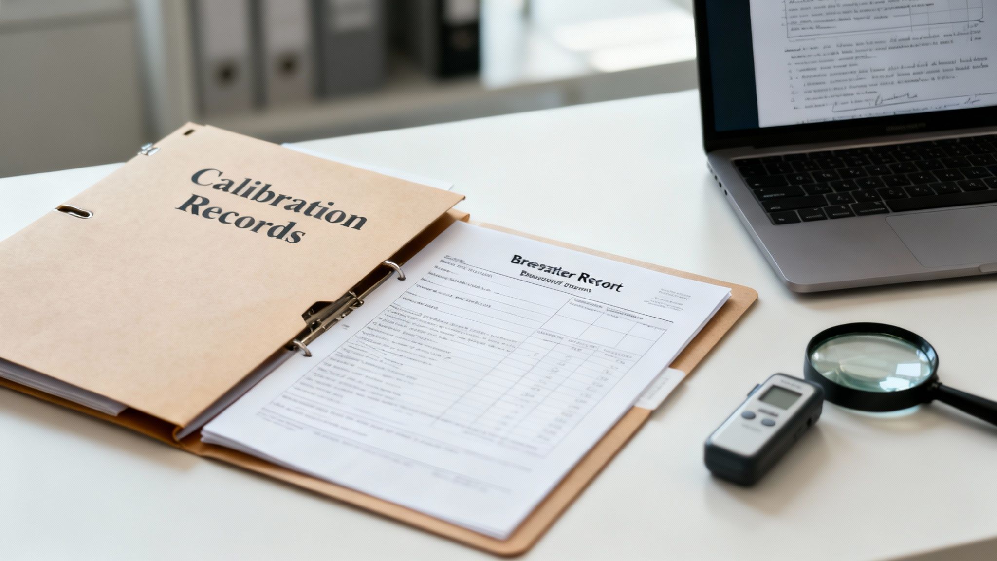 Close-up of a desk with an open 'Calibration Records' binder, laptop, magnifying glass, and digital device.