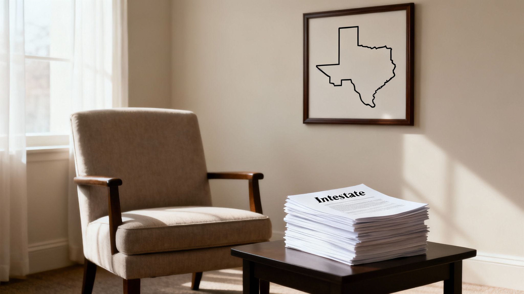 Legal documents for an intestate estate in Texas, next to an armchair by a sunlit window.