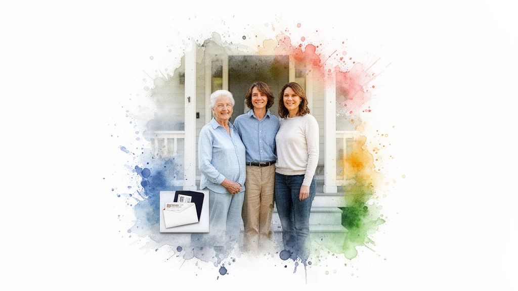 Three generations of a smiling family stand outside a house with watercolor splashes and documents.
