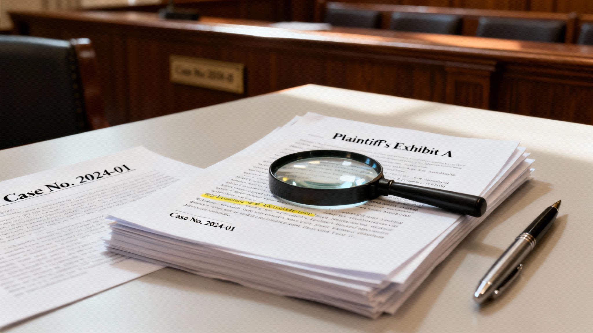 Legal documents, a magnifying glass, and a pen on a table in a courtroom setting, ready for review.