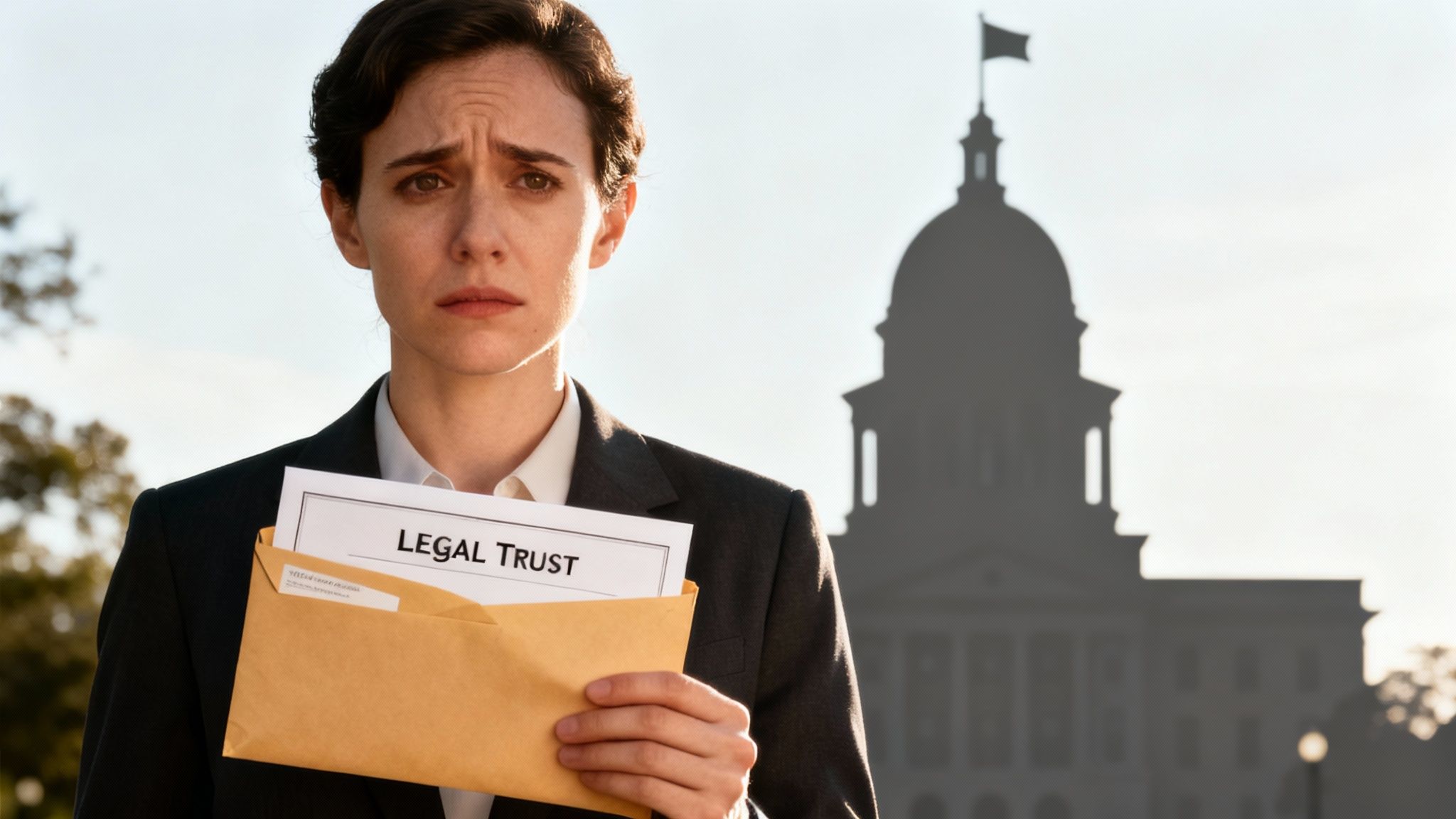 An individual looking concerned while reviewing legal documents at a wooden desk.