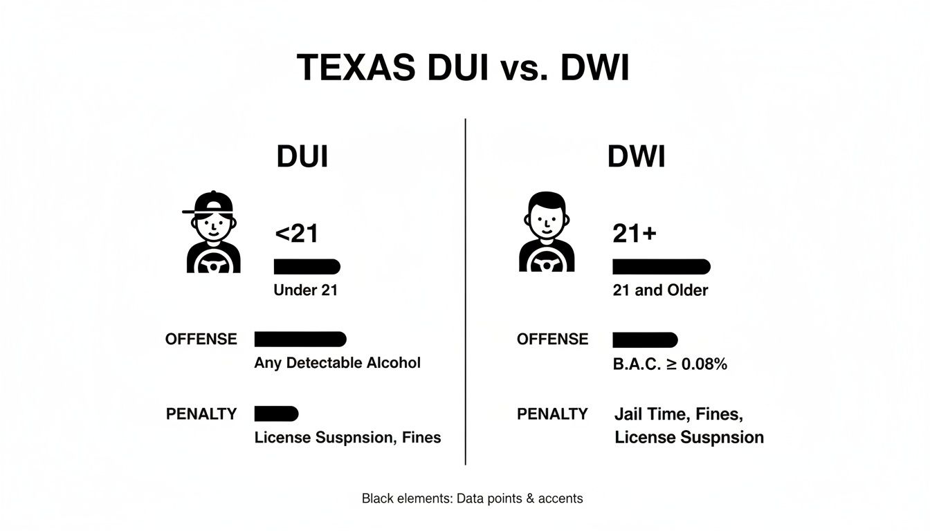 Chart comparing Texas DUI (under 21, any detectable alcohol) and DWI (21+, BAC ≥ 0.08%).