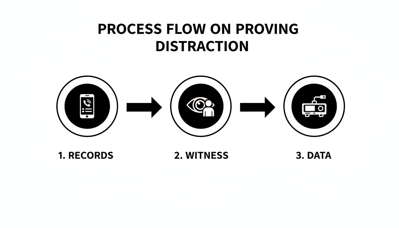 A process flow diagram illustrates steps for proving distraction, including records, witness accounts, and data.