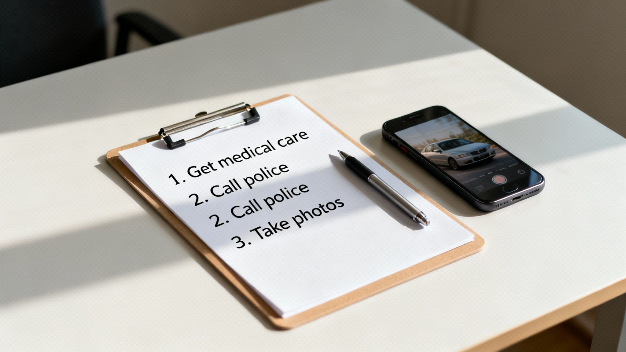 A clipboard with an accident checklist and a pen, next to a smartphone showing a car.