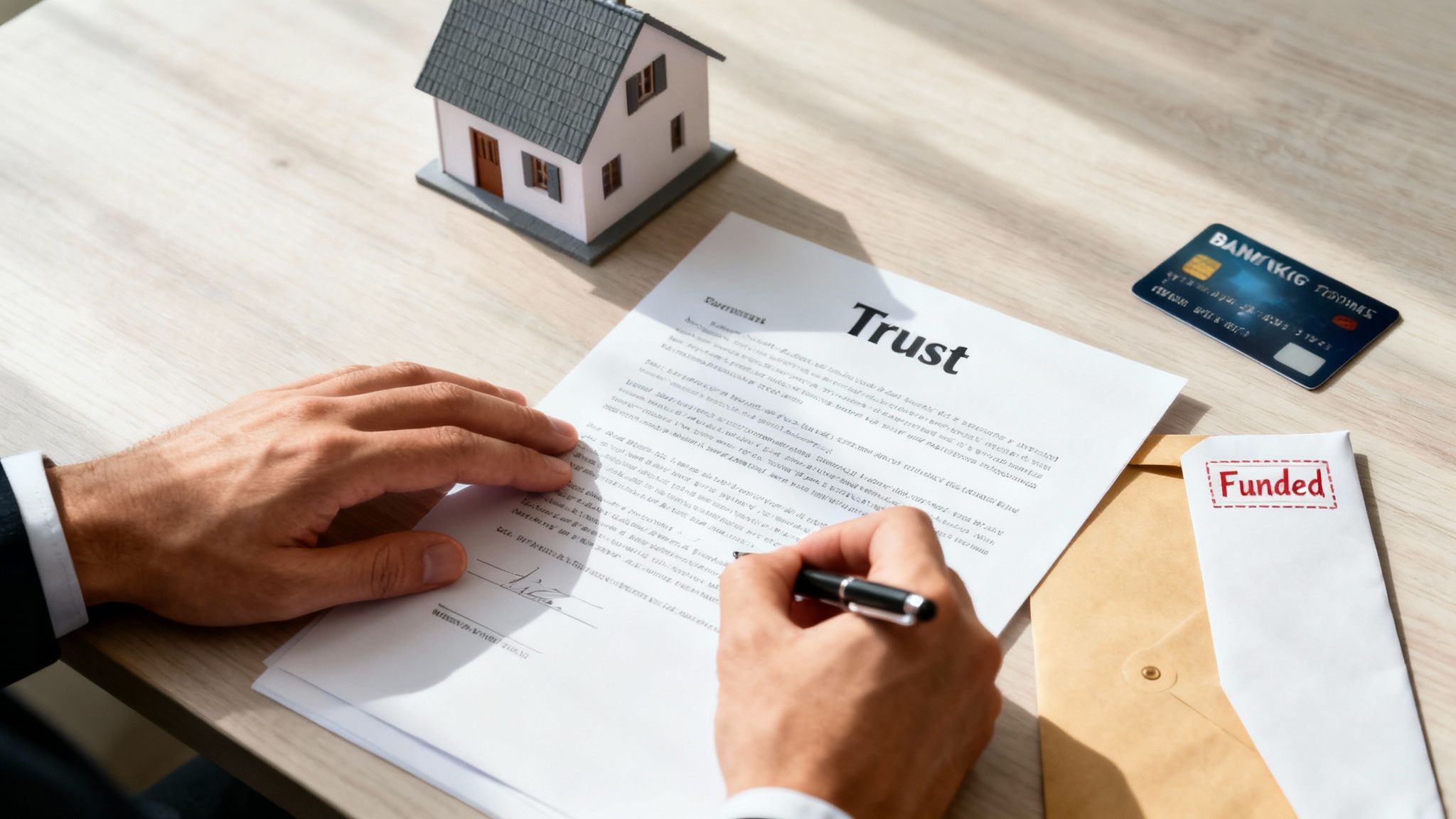 Person signing a trust document on a table, with a model house, a credit card, and a labeled envelope marked "Funded," illustrating the process of establishing a living trust.