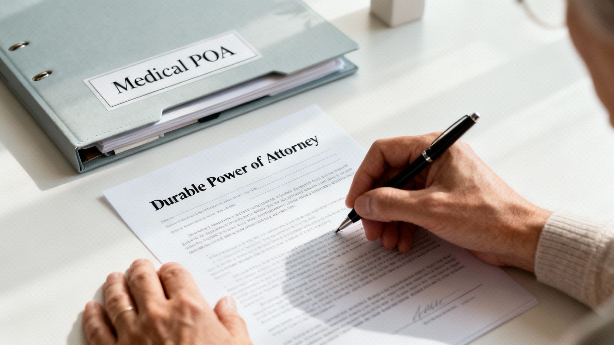 A person's hand signs a "Durable Power of Attorney" document, with a "Medical POA" binder in the background.