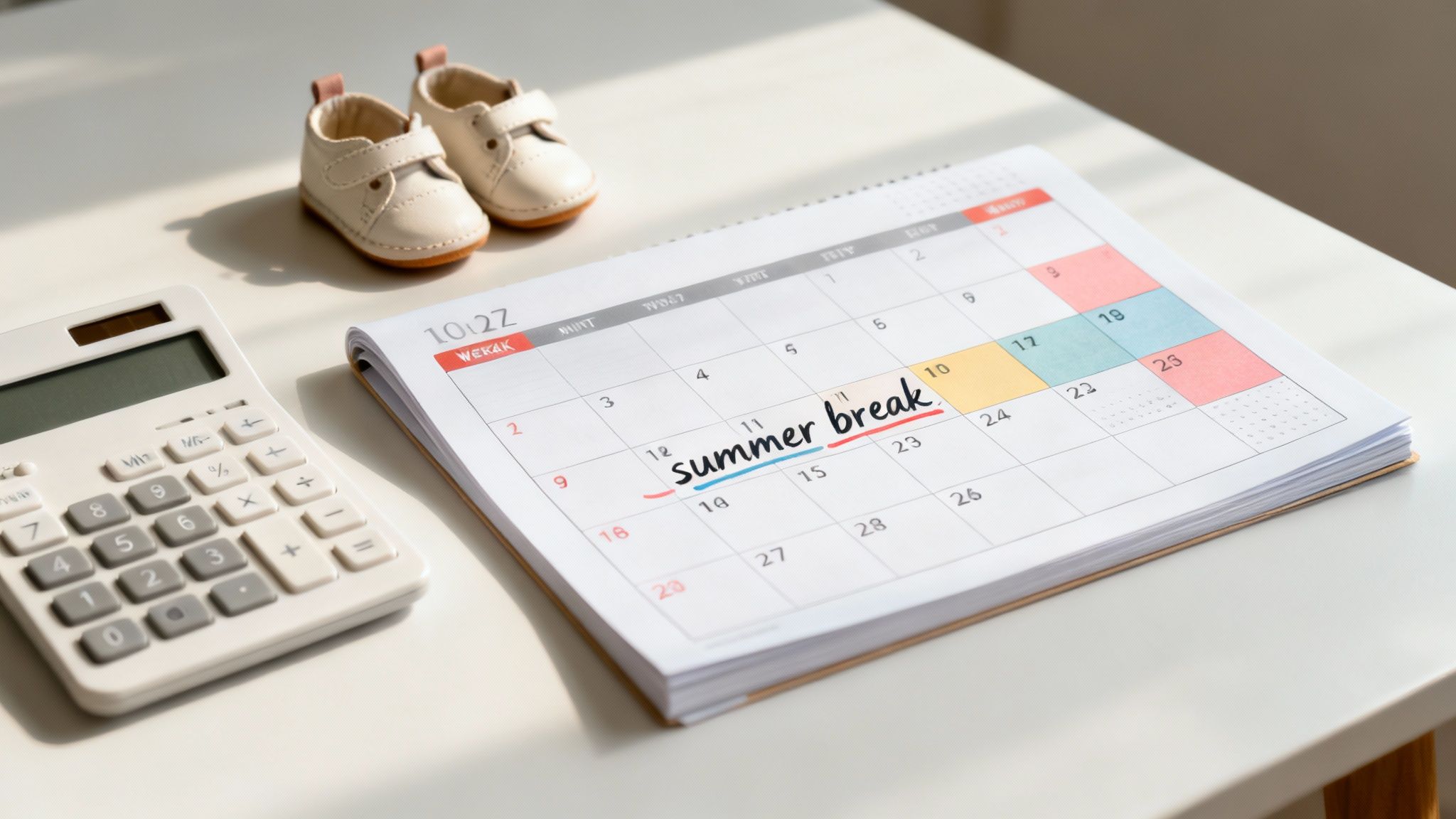 Calendar marked with "summer break," baby shoes, and calculator, symbolizing family planning and custody arrangements in Texas.