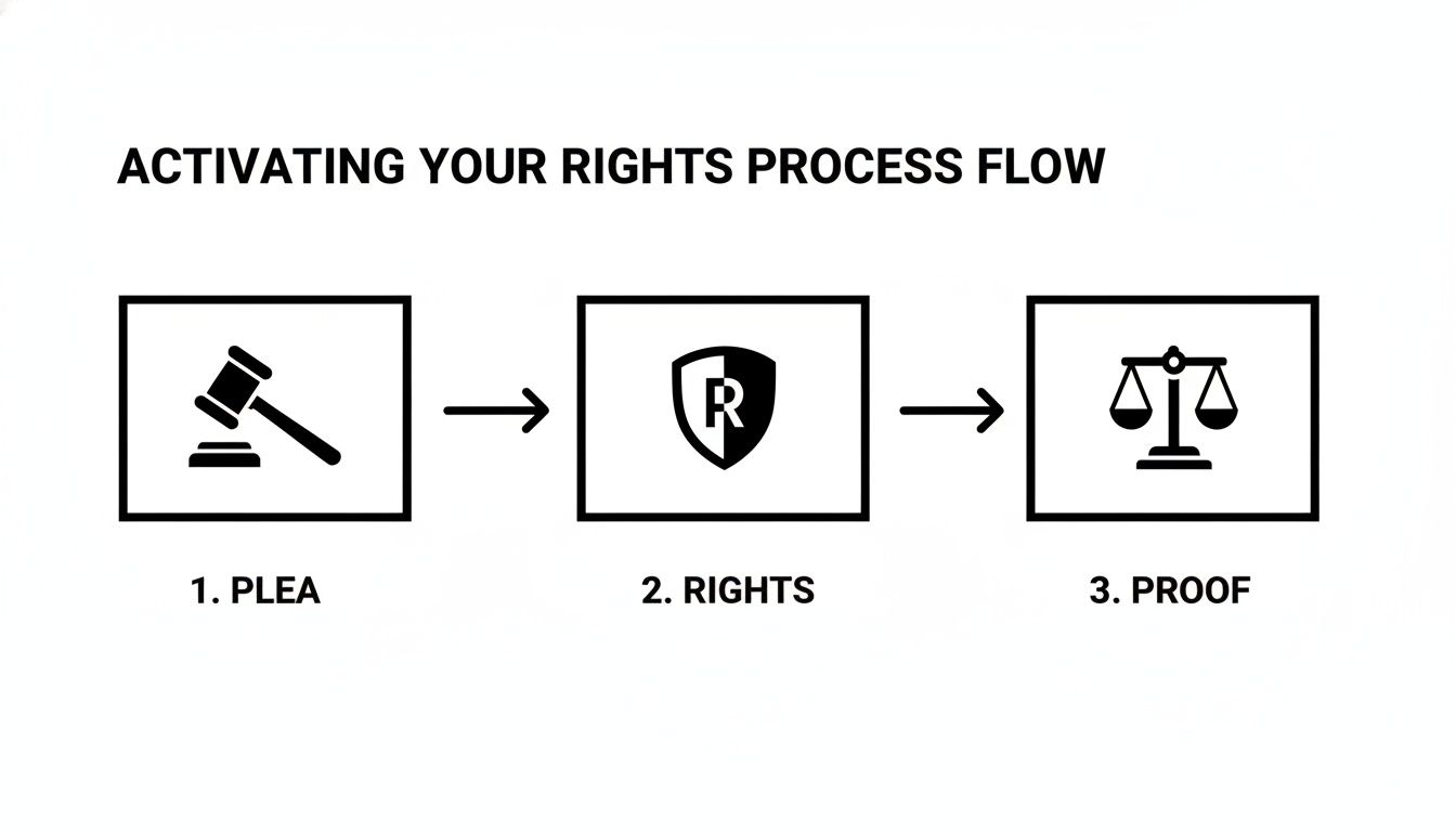 Activating your rights process flow diagram illustrating plea, rights, and proof stages in criminal defense.