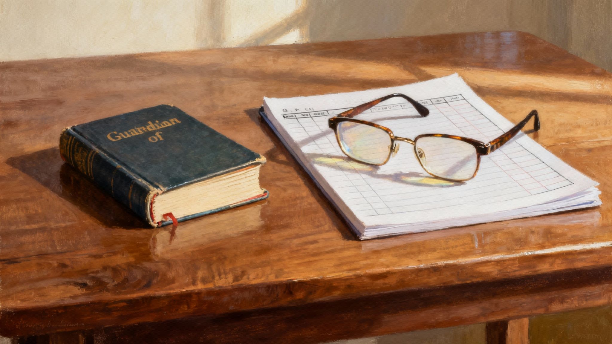 A person carefully reviewing documents at a desk, symbolizing the detailed responsibilities of a guardian.