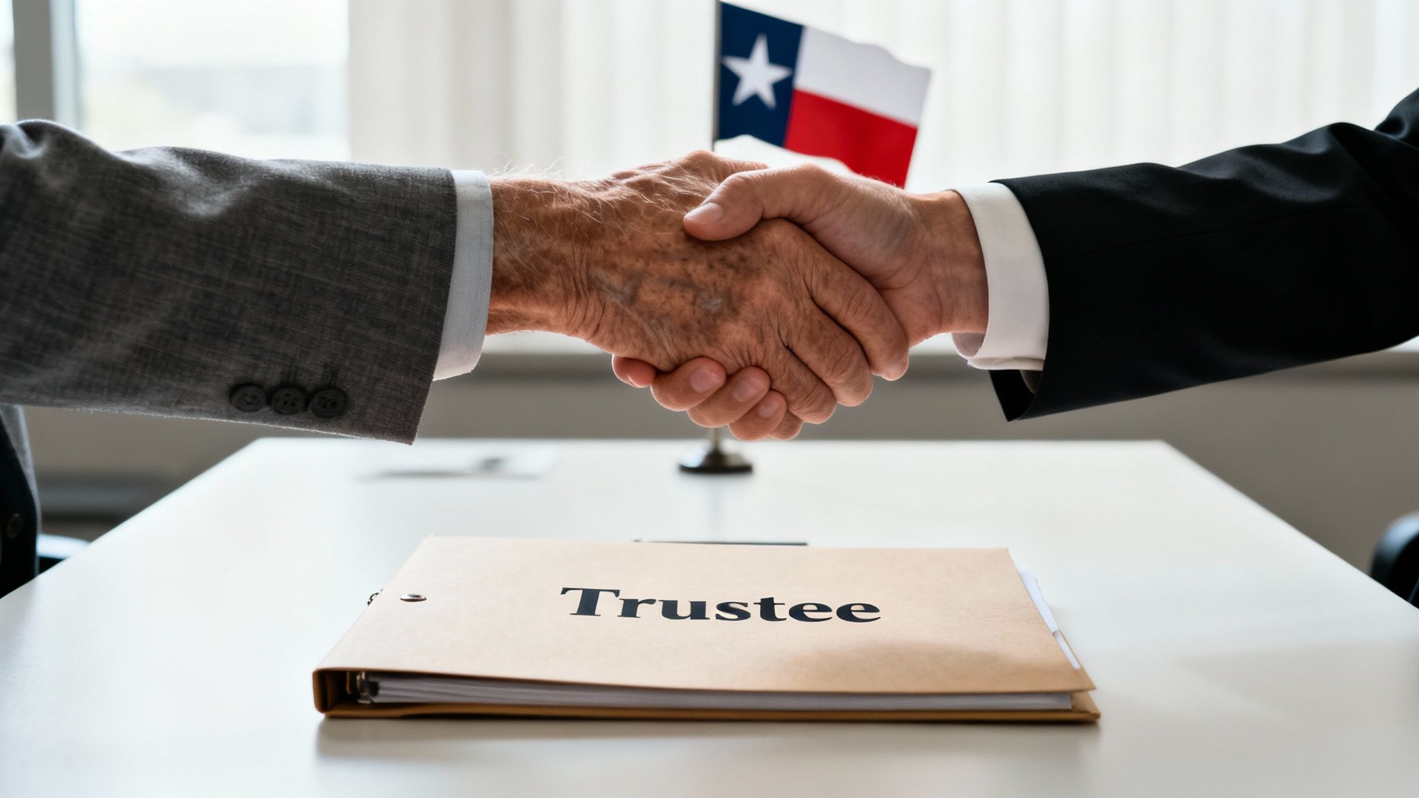 Two businessmen shaking hands over a 'Trustee' folder with a Texas flag in the background.