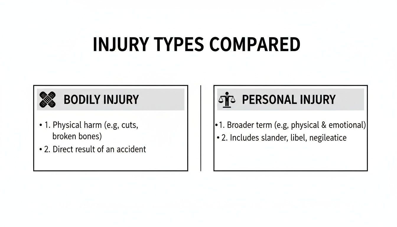 A chart comparing bodily injury (physical harm, direct result of accident) and personal injury (broader, including emotional, slander, libel, negligence).