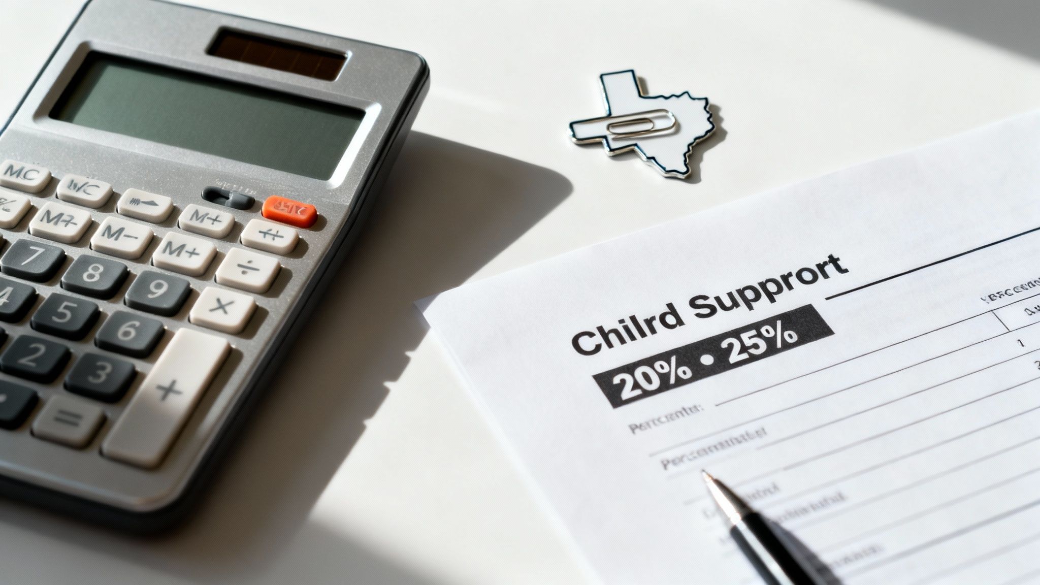Calculator, child support document with 20-25% rates, pen, and Texas paperclip on a desk.