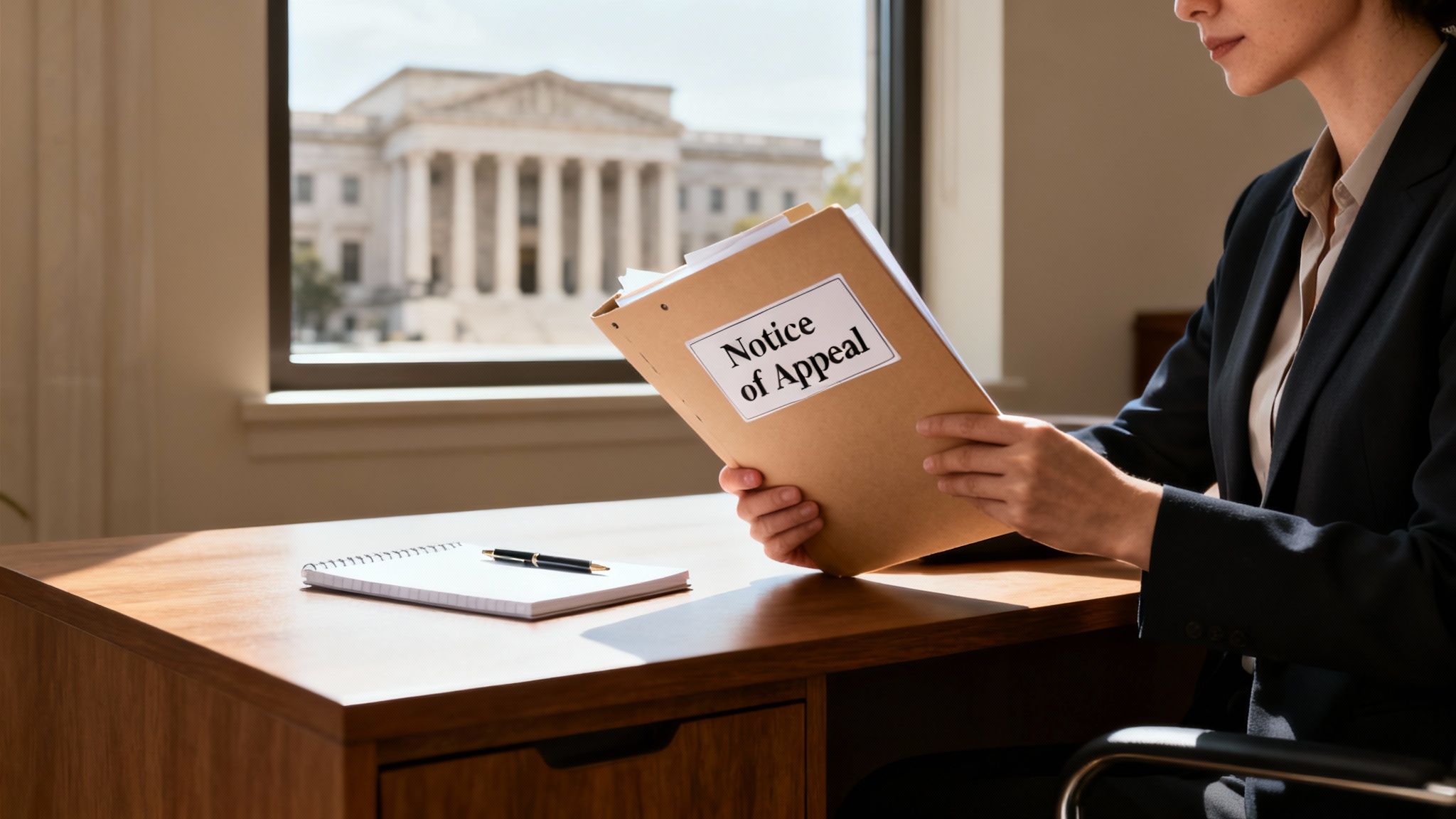A lawyer reviewing a 'Notice of Appeal' document in an office with a courthouse view.