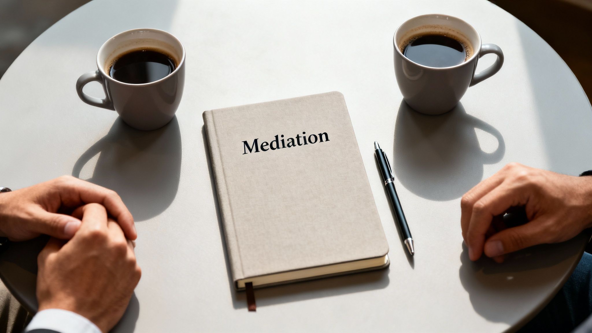 A 'Mediation' notebook, pen, and two coffee cups on a table, with two sets of hands.