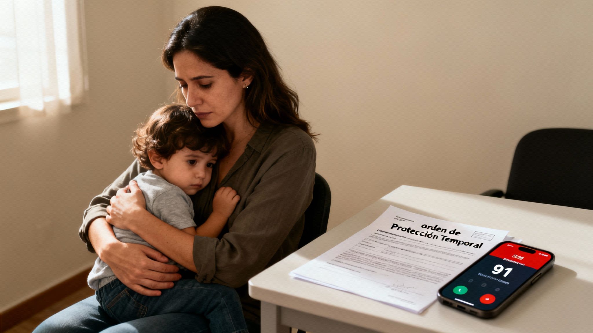 Madre angustiada abraza a su hijo, con orden de protección temporal y teléfono de emergencia en la mesa.