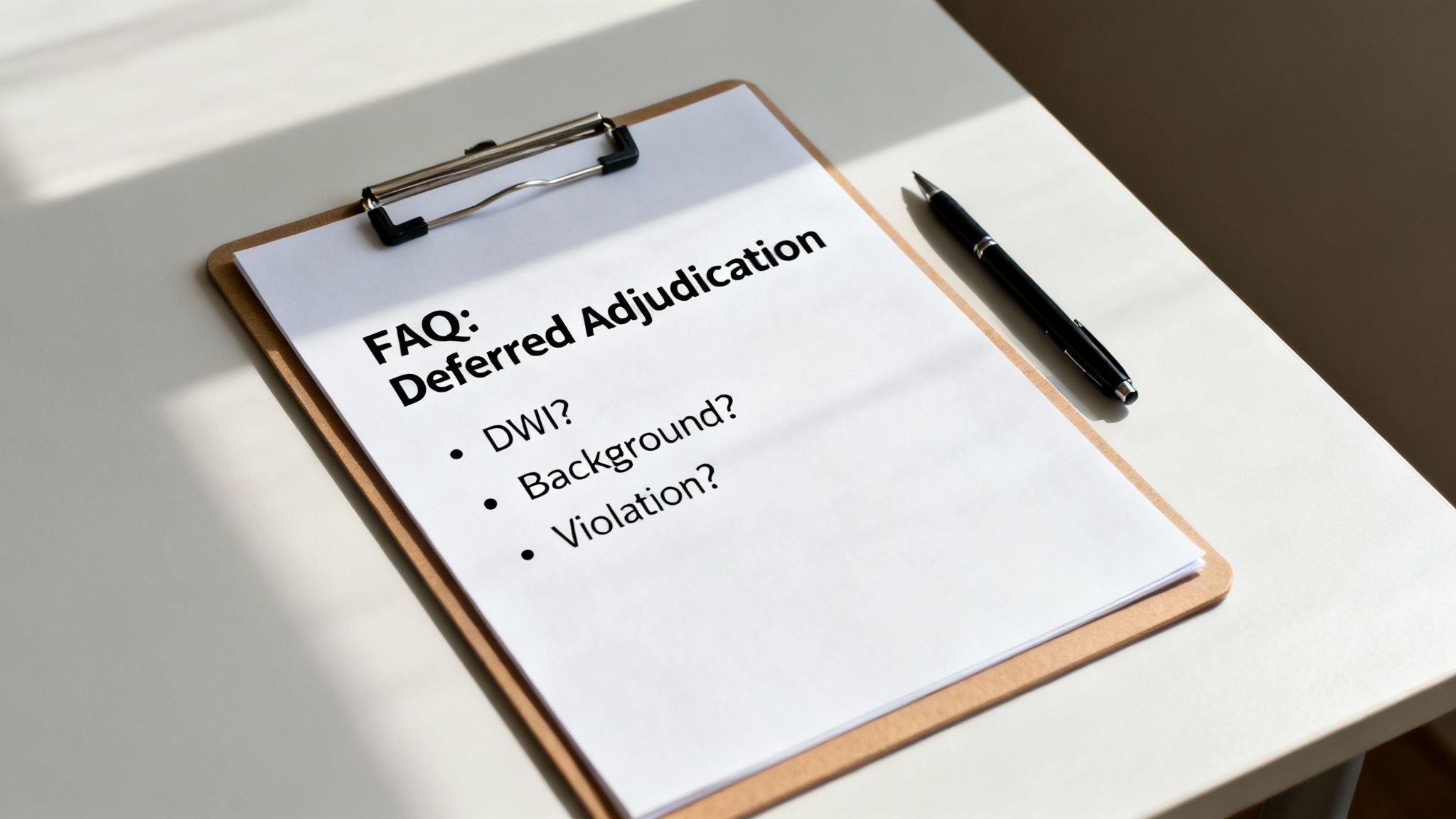 A clipboard with a document titled 'FAQ: Deferred Adjudication' and related questions, with a pen.
