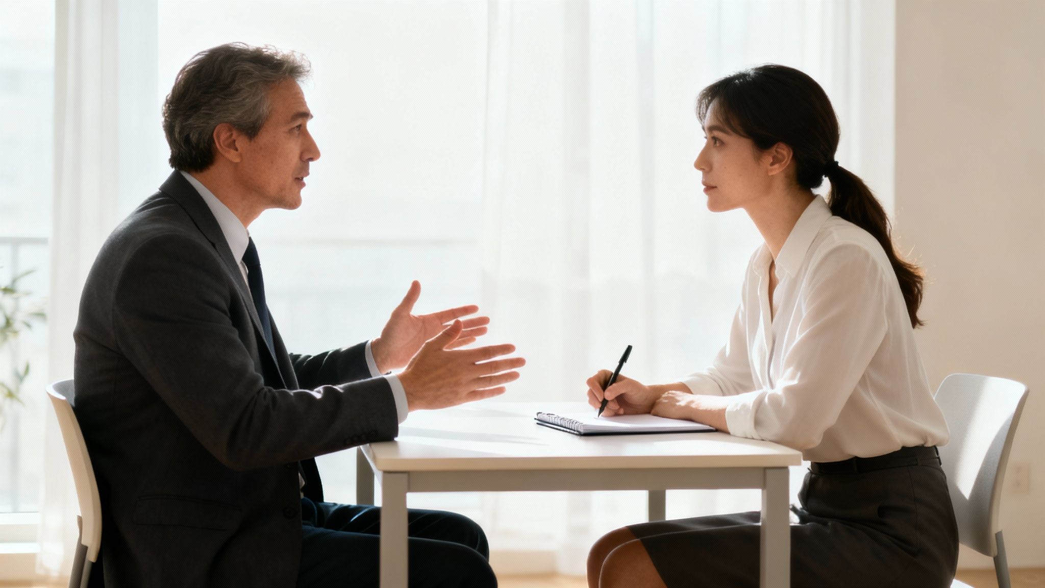 Two people sitting across from each other at a table, communicating calmly.