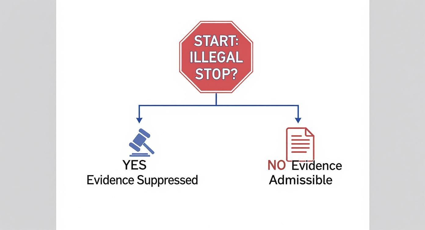 Infographic decision tree illustrating how an illegal traffic stop can lead to the suppression of all evidence gathered during the encounter.