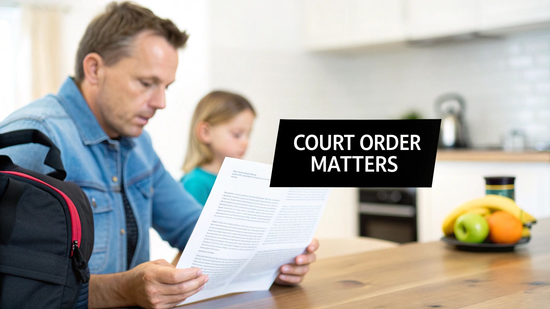 A father reads an important court order document while his child sits nearby at home.