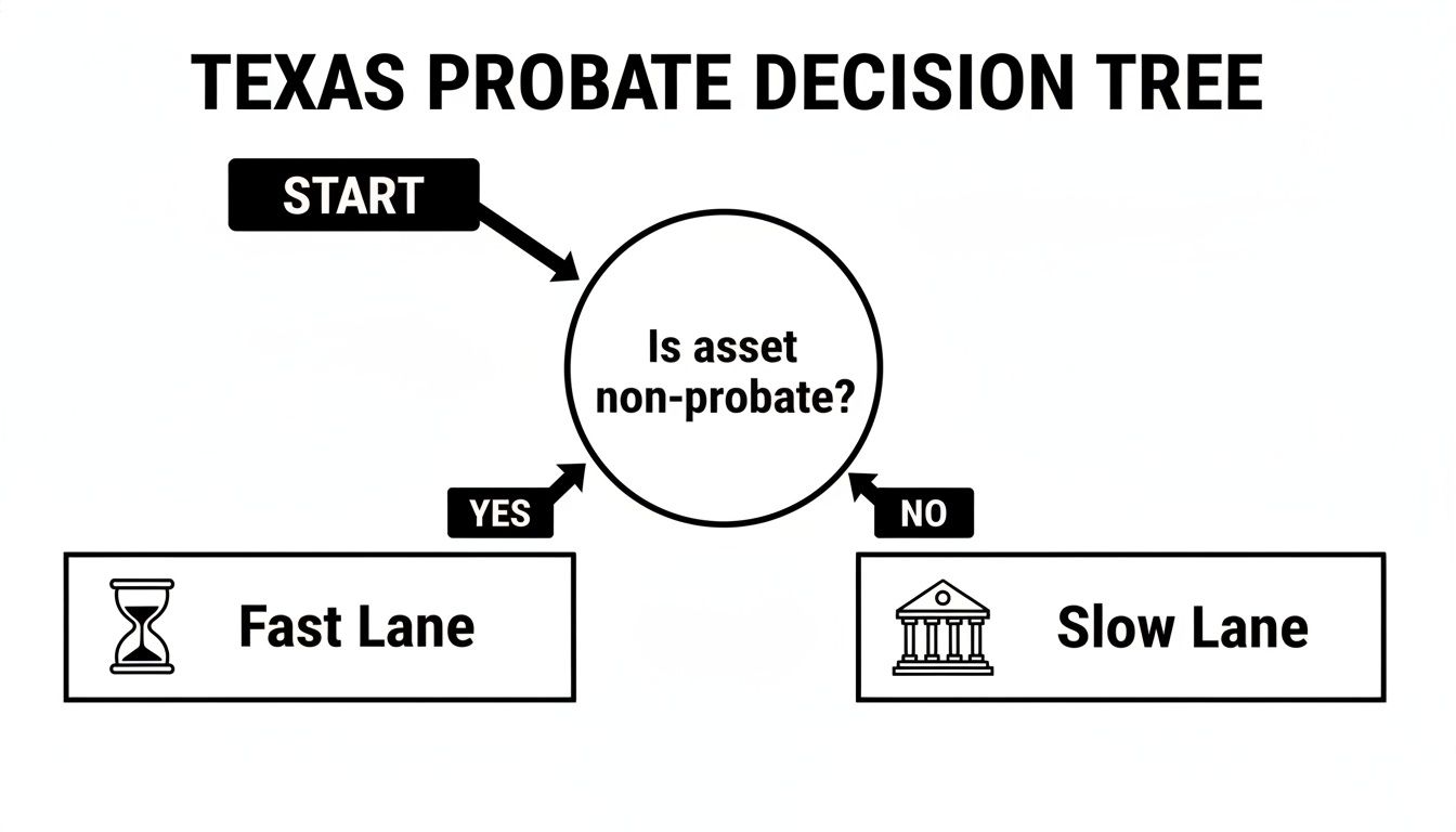 Texas probate decision tree illustrating asset classification as non-probate with "Fast Lane" for non-probate assets and "Slow Lane" for probate assets.
