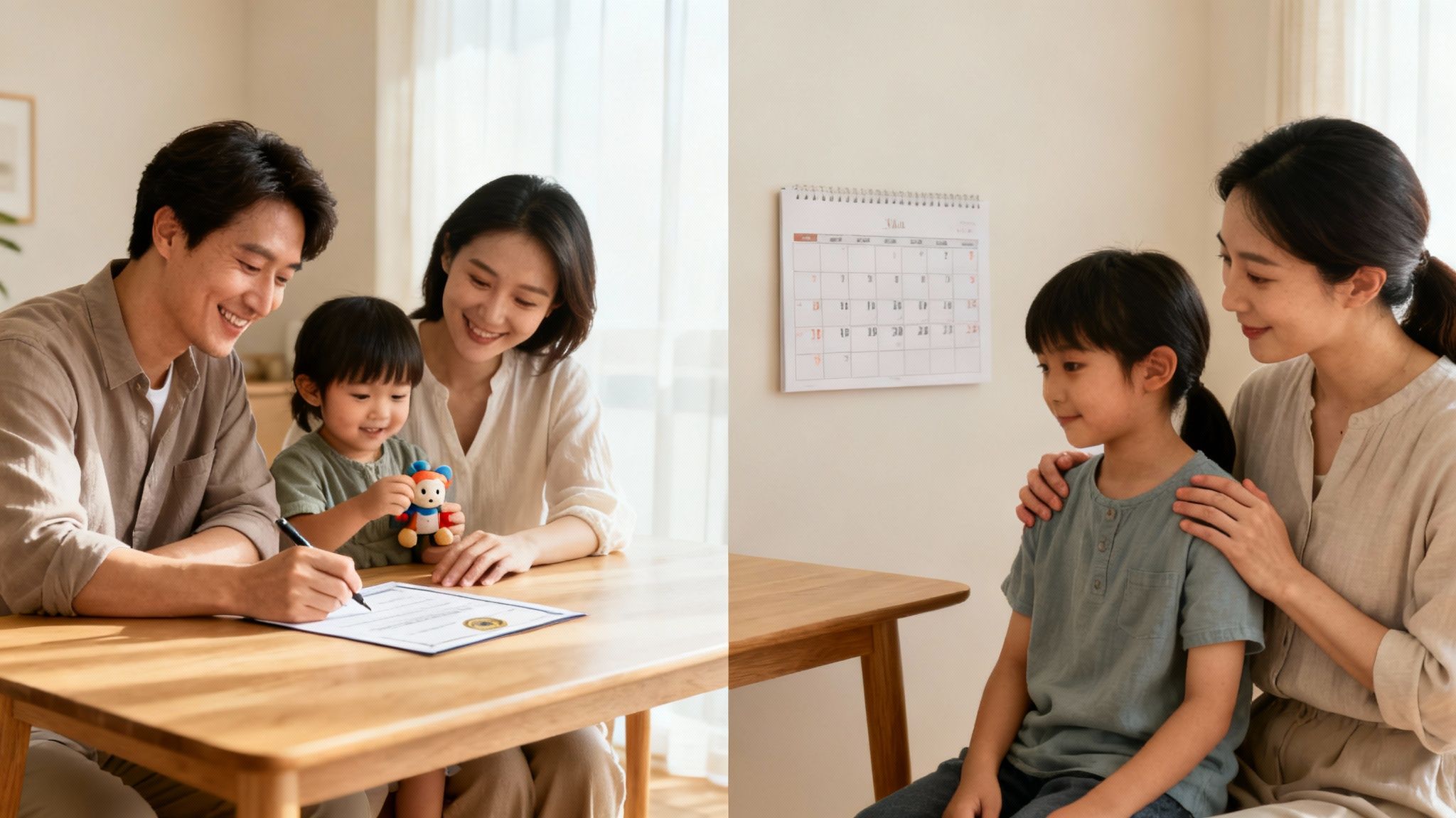 Two scenes of happy Asian families, one signing documents, the other a mother comforting her son.