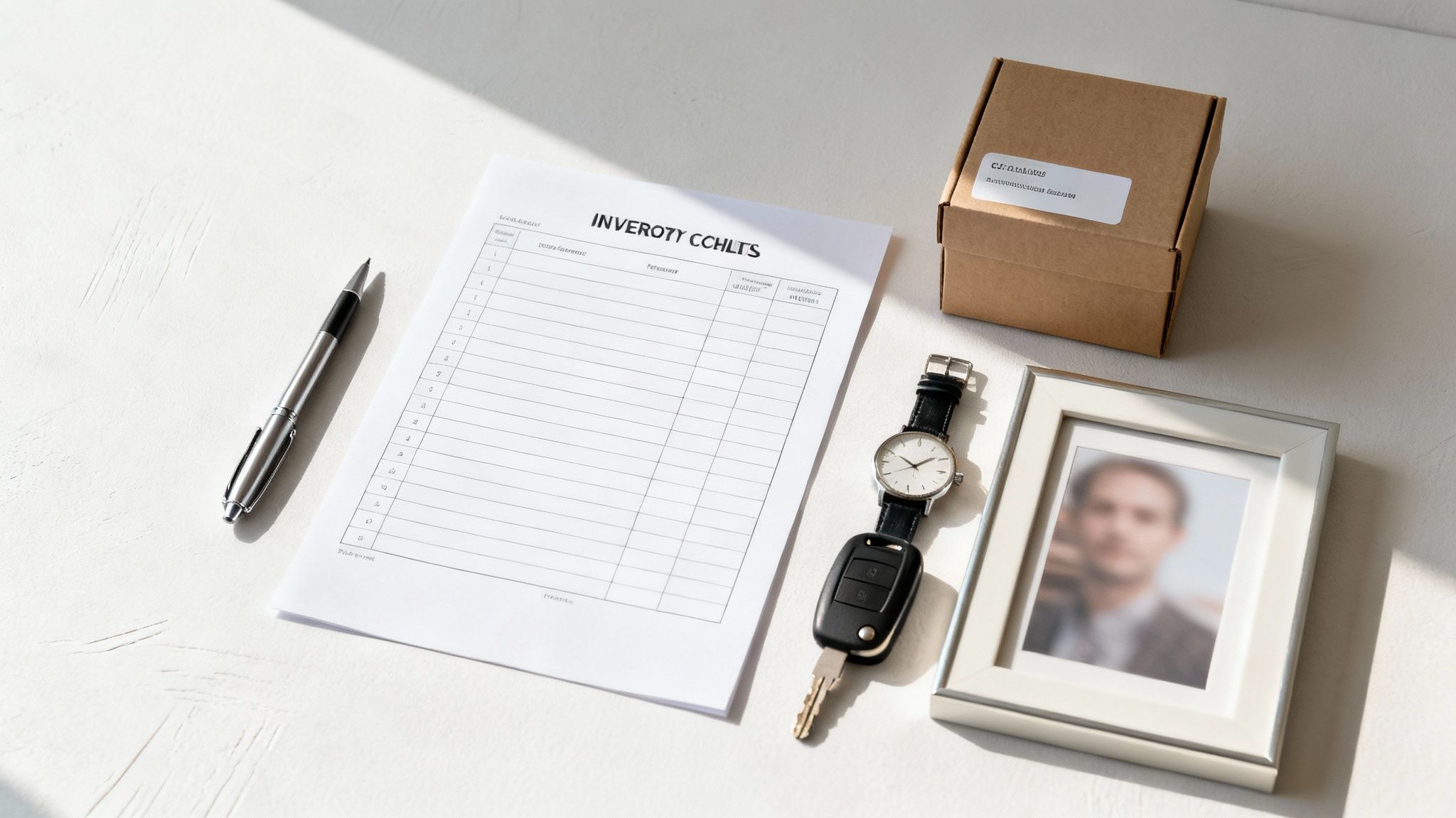 A flat lay of an inventory document, pen, watch, car key, package, and a framed photo.