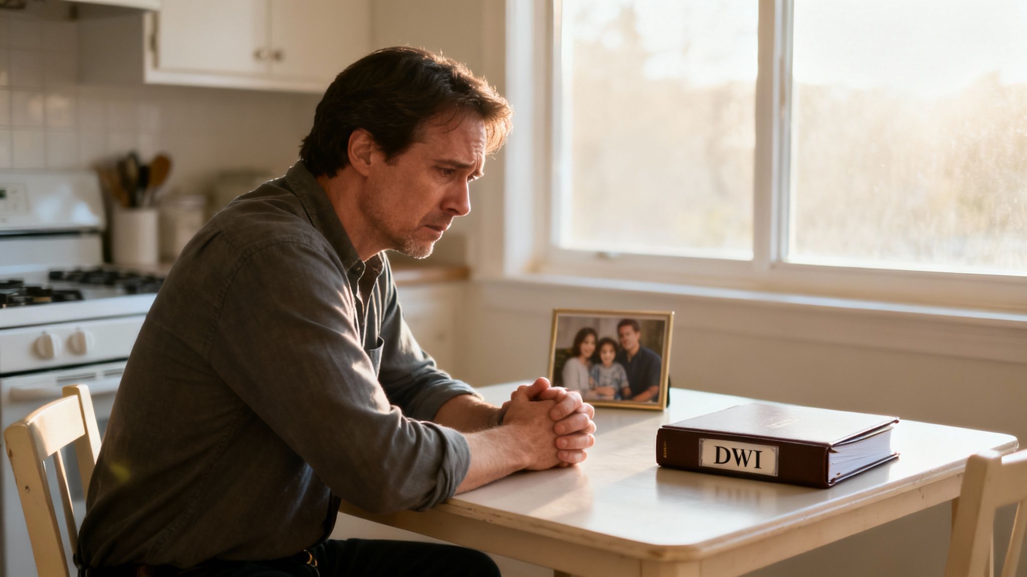 Man sitting at a table with a DWI case file and a family photo, reflecting on the serious implications of a third DWI offense in Texas.