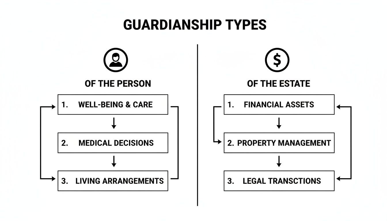 Flowchart explains guardianship types, detailing responsibilities for a person's well-being and managing their estate.