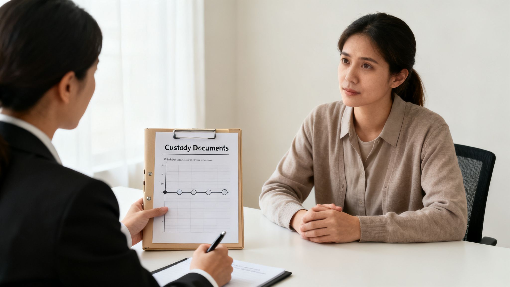 A lawyer explains custody documents to a female client during a legal consultation.