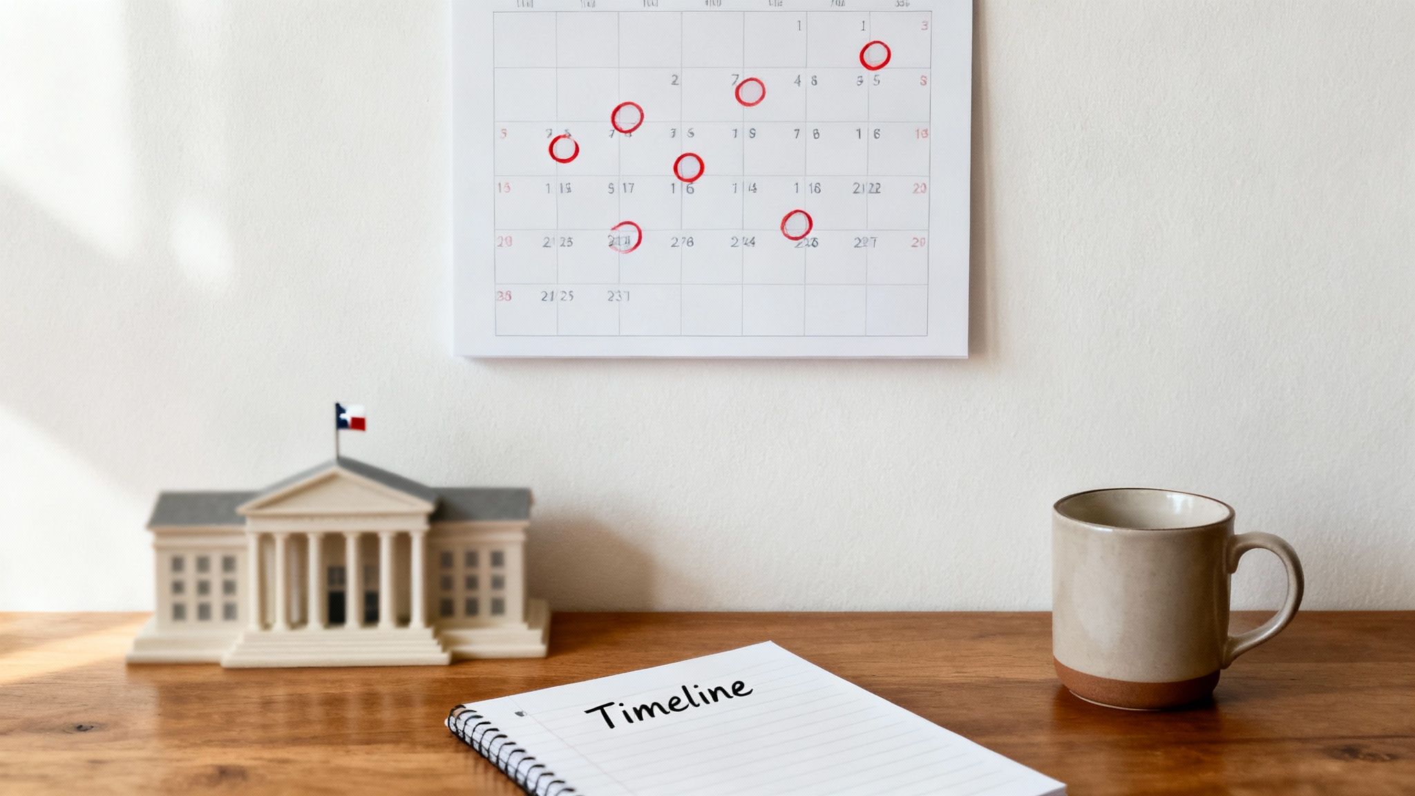 Calendar marked with dates and a notebook labeled "Timeline" alongside a model of a Texas courthouse, symbolizing the annulment process in Texas.