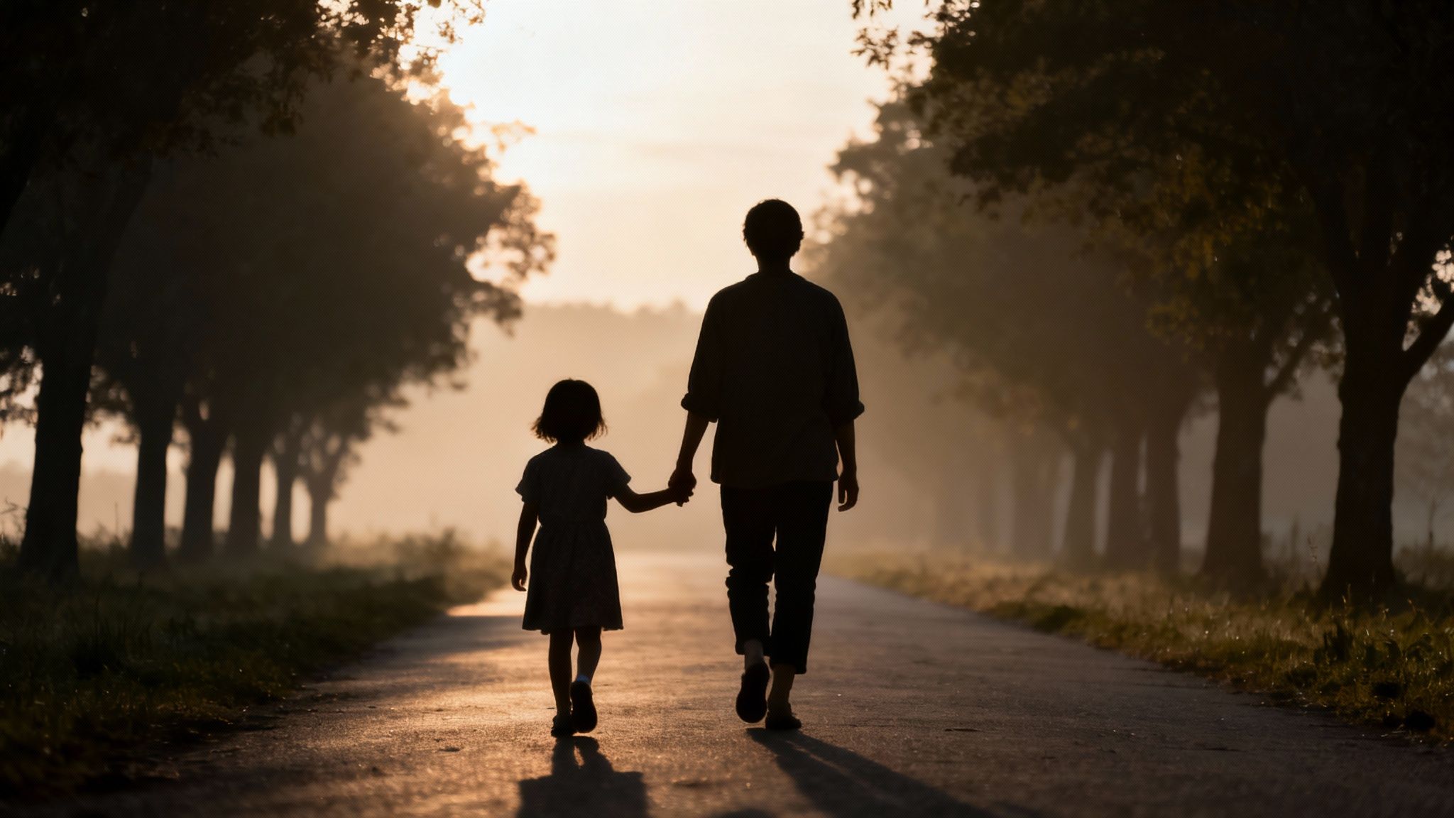 Silhouette of adult and child holding hands walking together on misty tree-lined path at sunset