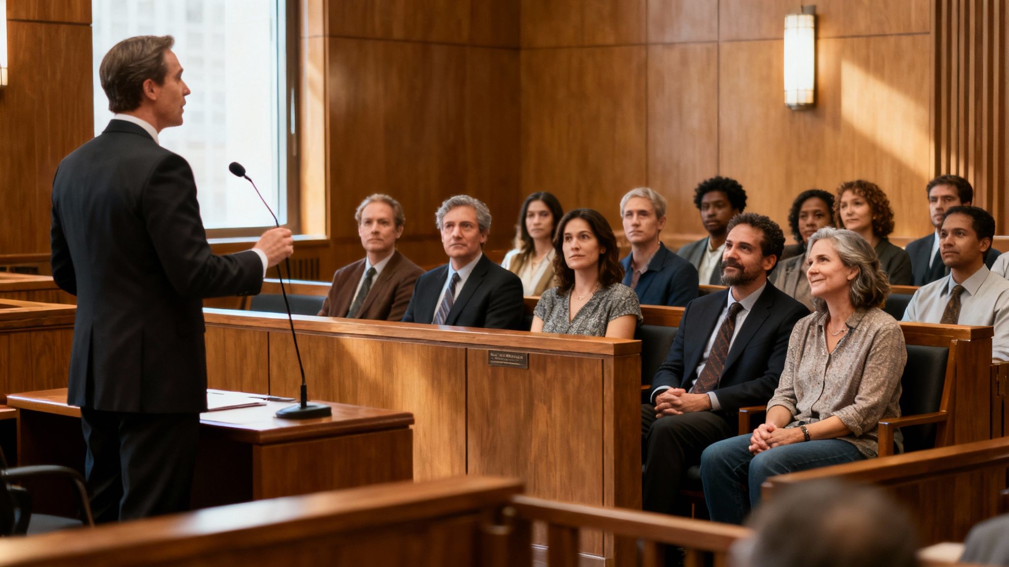 A lawyer addresses a diverse jury in a wood-paneled courtroom during a trial.