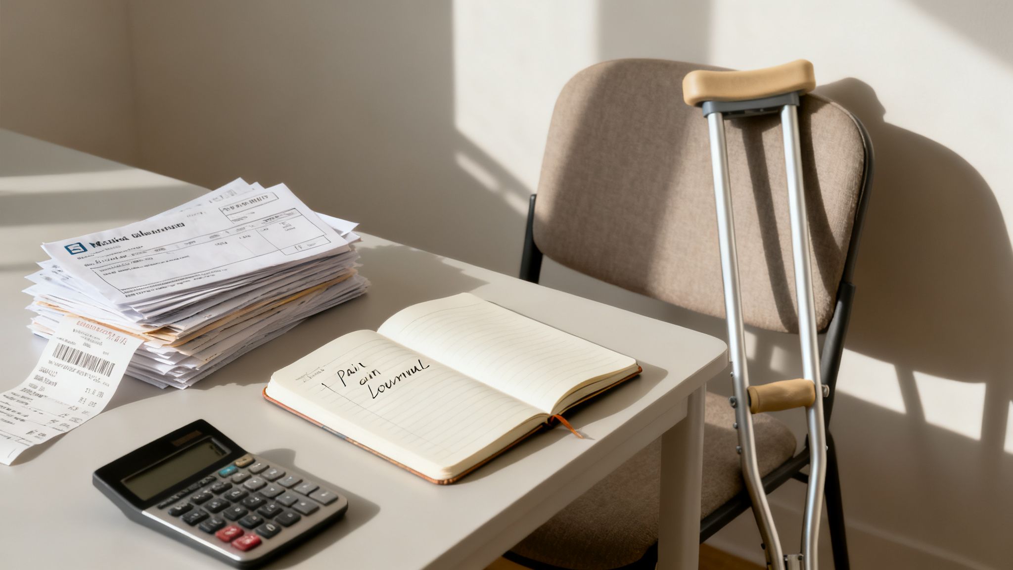 A table with bills, a calculator, and a journal; crutches lean against a chair, suggesting injury recovery.