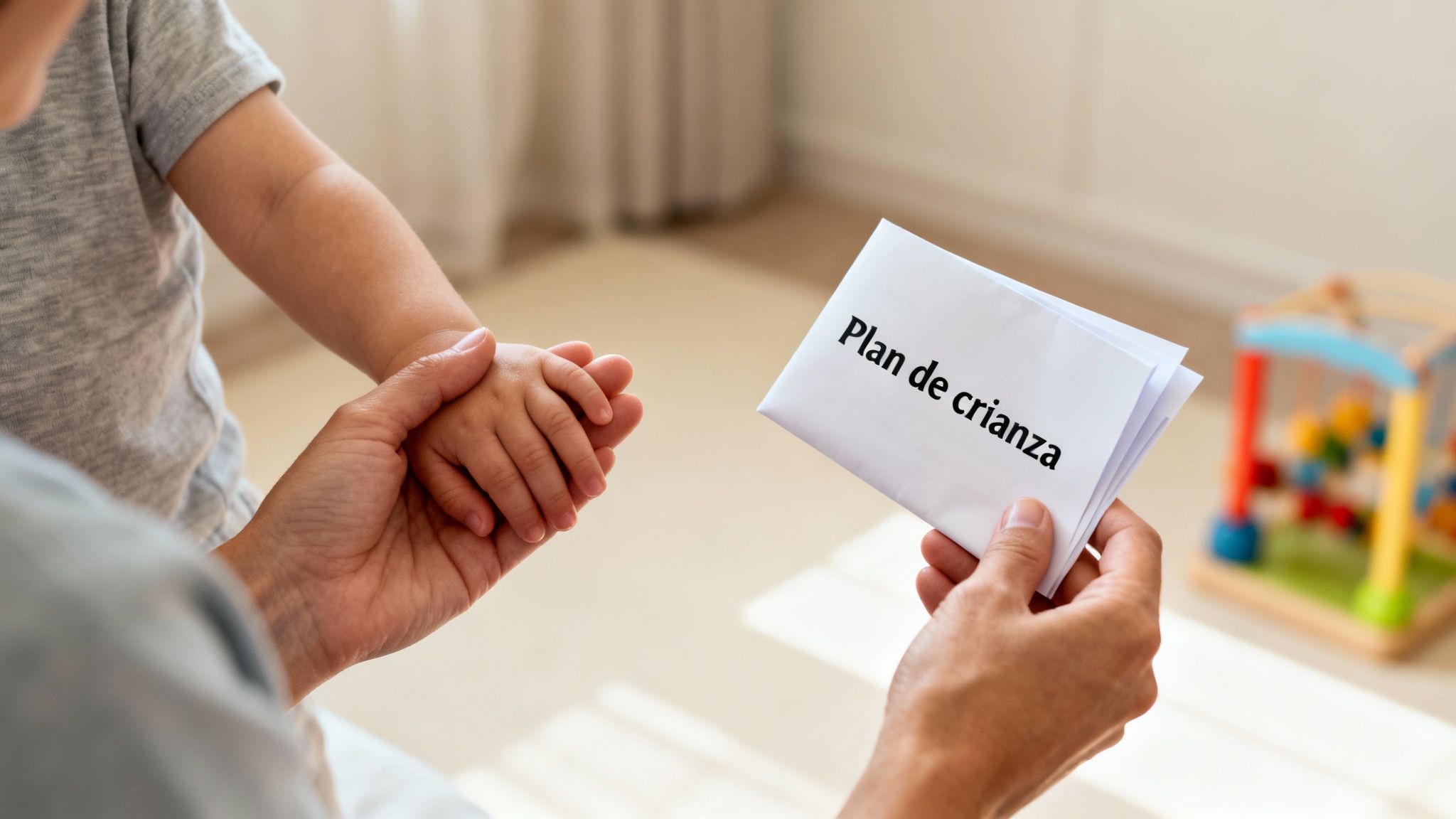 Manos de un adulto y un niño, con un 'Plan de crianza' en un contexto familiar.