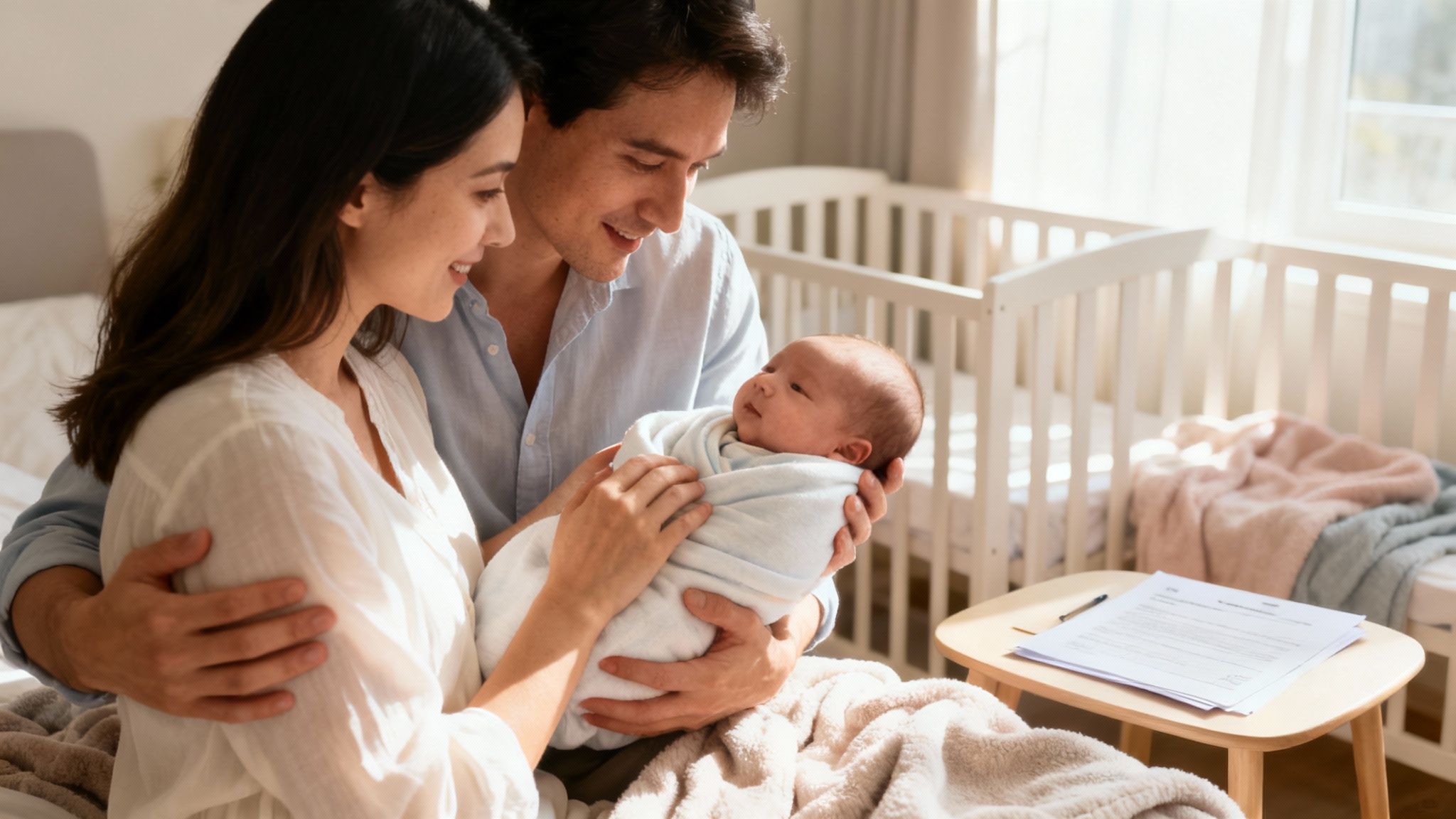 A happy Asian couple cradles their newborn baby in a sunny room with a crib.
